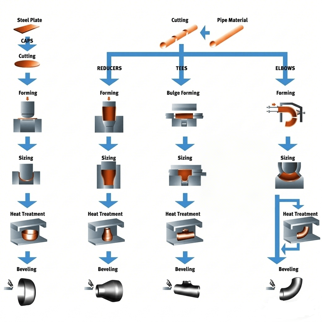 Pipe fittings manufacturing flowchart showing hot forming and CNC machining processes