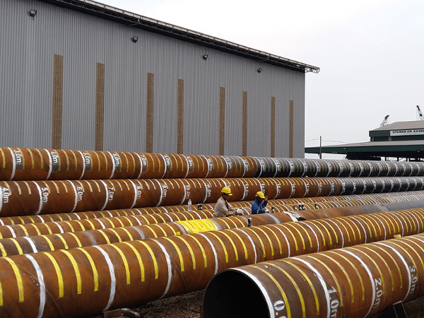 Steel pipe pile bundle at loading yard ready for shipment